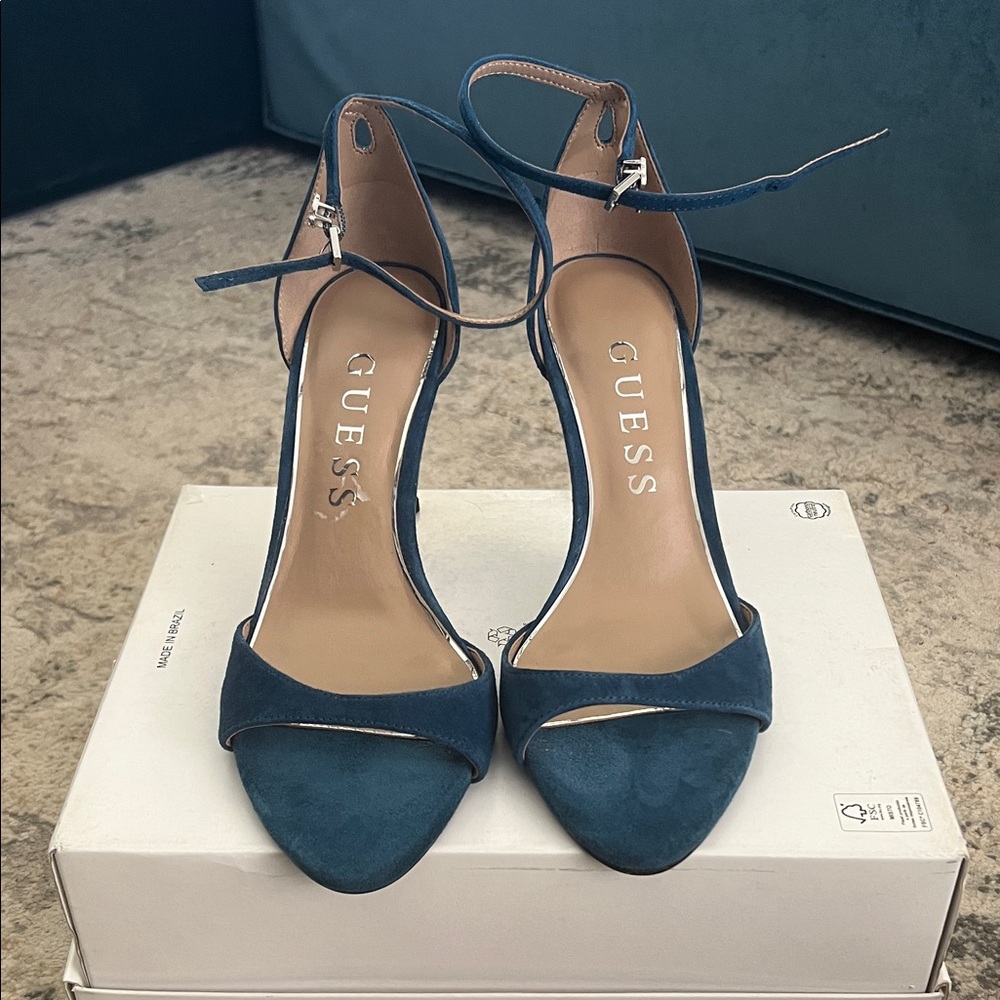 GUESS Teal Blue Suede Ankle-Strap Heels
